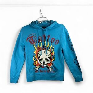 Ed Hardy Tattoo Skull Flame Blue Hoodie Size S – Y2K Graphic Pullover Streetwear